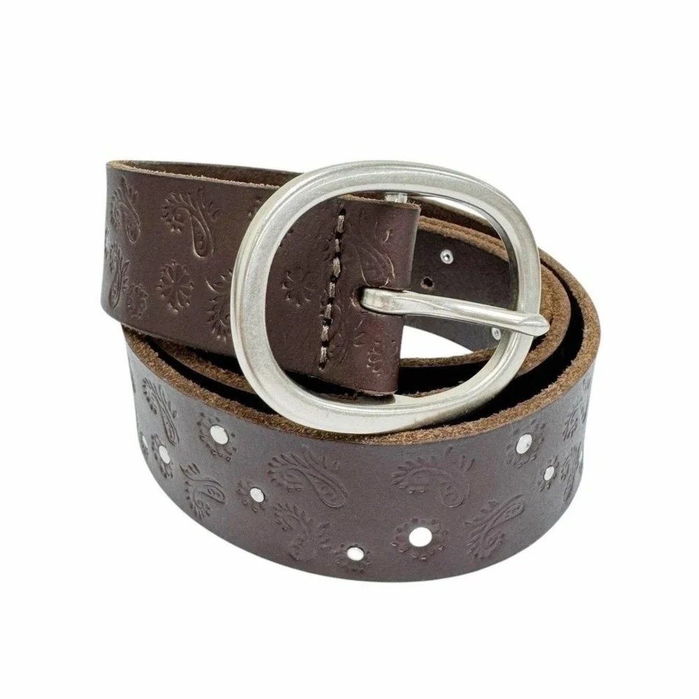 Lucky Brand Womens Size Large Brown‎ Leather Embossed Paisley Studded Belt NWT